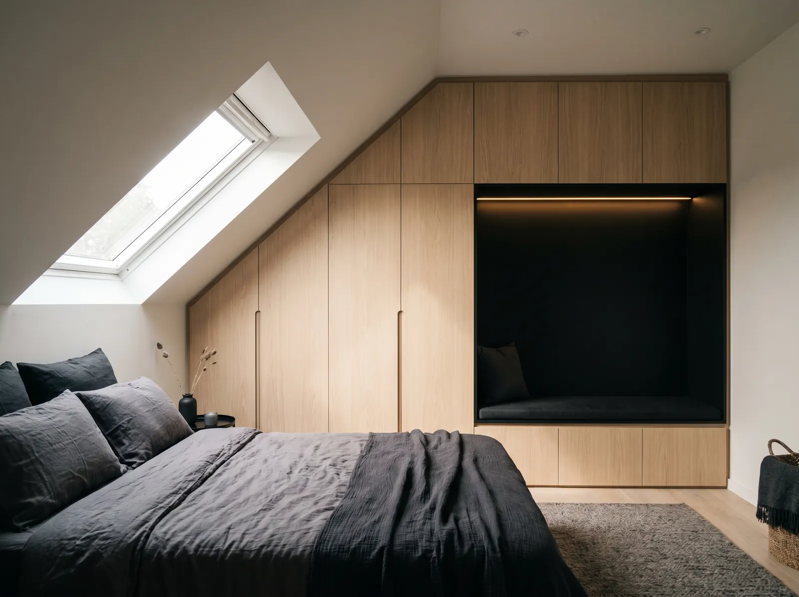 Einbauschrank aus heller Eiche unter einer Dachschräge